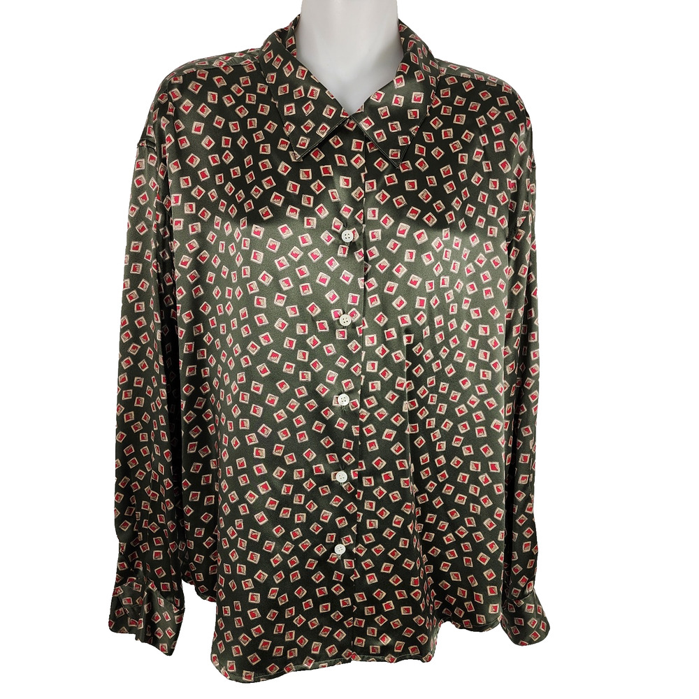Vintage Austin Reed Women 100% Silk Shirt Button Front Geometric Green 12 Preppy